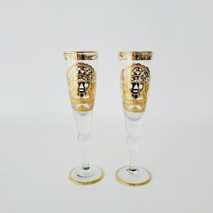 Vintage Artesania Tabuisa 14k Gold Encrusted Inca Sun God Champagne Flutes/Glass